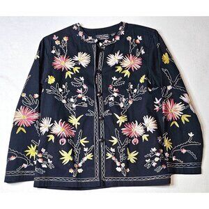 Ikon Women Large Embroidered Floral Black Jacket With Button Front Made In India